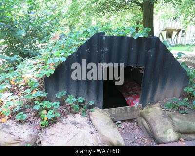 Exterior view of an Anderson Shelter from the 1940s that was usually built at the bottom of the garden for protection from bombs in World War II Stock Photo