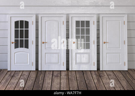White doors of different types on white wooden background. 3d illustration Stock Photo