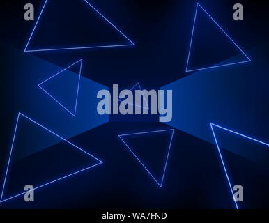 Blue dark abstract background with illuminated neon triangles, in the box. 3D illustration. Stock Photo