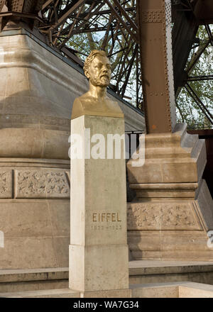 Bust of Eiffel at base of Eiffel Tower, Paris, France Stock Photo