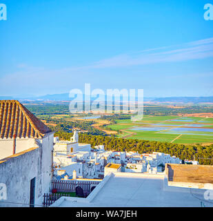 A view of the La Janda county with the Marshes of Barbate river. Vejer de la Frontera downtown. Cadiz province, Andalusia, Spain. Stock Photo