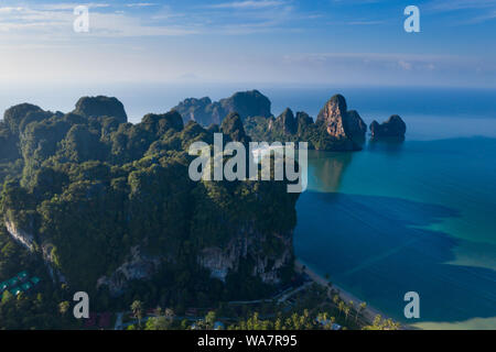 Aerial drone view of popular travel tropical karst rocks perfect for climbing Tonsai Beach, Krabi province, Thailand