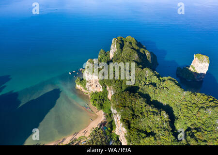 Aerial drone view of popular travel tropical karst rocks perfect for climbing Tonsai Beach, Krabi province, Thailand