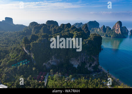 Aerial drone view of popular travel tropical karst rocks perfect for climbing Tonsai Beach, Krabi province, Thailand
