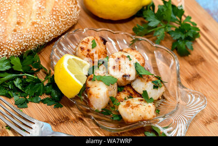 Beautiful seared scallops on a shell plate Stock Photo