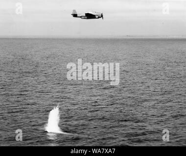 Grumman TBF-1 Avenger torpedo bomber during torpedo attack practice, 1942, with its Mark XIII torpedo entering the water. Height of drop: 125 feet. Aircraft speed 125 knots Stock Photo