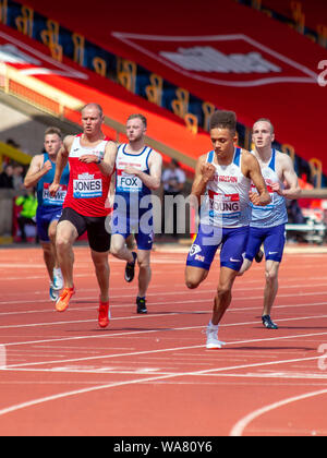 Competitors in action during the men's T35 / 38 100 metres, including Great Britain's Rhys Jones, George Fox and Thomas Young, during the Birmingham 2019 Müller Grand Prix, at the Alexander Stadium, Birmingham, England. Stock Photo