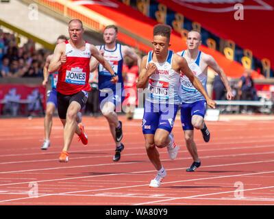 Competitors in action during the men's T35 / 38 100 metres, including Great Britain's Rhys Jones and Thomas Young, during the Birmingham 2019 Müller Grand Prix, at the Alexander Stadium, Birmingham, England. Stock Photo