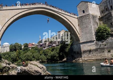 August 18, 2019, Bihac, Bosanska Krajina, Bosnia: Mostar is situated on the Neretva River and is the fifth-largest city of the Bosnia Herzegovina is the administrative center of Herzegovina-Neretva Canton..The city population consists of Croats (48.4%); Bosniaks (44.1%) and Serbs (4.1%) and has the largest population of Croats in Bosnia and Herzegovina..After than 20 years of the end of the Balkan War, Mostar, today,  is an important tourist destination in Bosnia and Herzegovin from all around the world. (Credit Image: © Matteo Trevisan/ZUMA Wire) Stock Photo