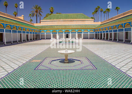 Courtyard at El Bahia Palace, Marrakech, Morocco. In the middle are small white fountains Stock Photo