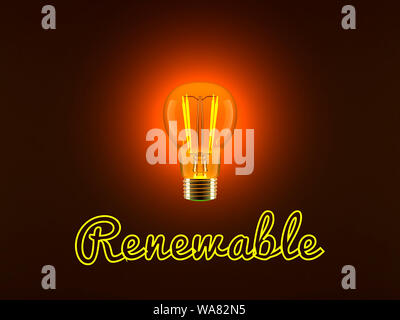 Conceptual 3D rendered illustration of a shining light bulb and the neon lit words renewable Stock Photo