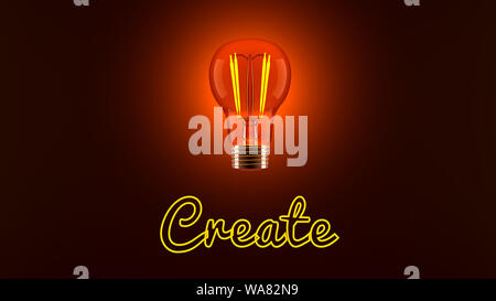 Conceptual 3D rendered illustration of a shining light bulb and the neon lit word Create. Stock Photo
