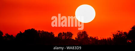 Bright sun in an orange sky with clouds at sunset. Stock Photo