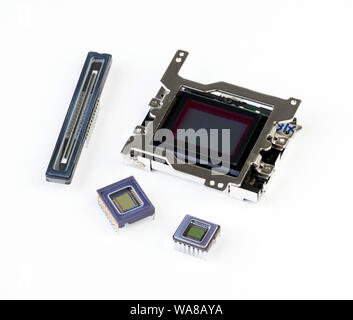 Various CCD & CMOS based imaging sensors, the linear type typically used in flat bed scanners and fax machines Stock Photo