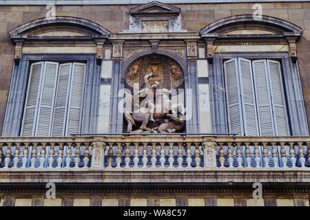 Palau de la Generalitat' facade in Barcelona, with sculptural art representing the traditional scene of 'Sant Jordi' (Saint George) and the dragon Stock Photo