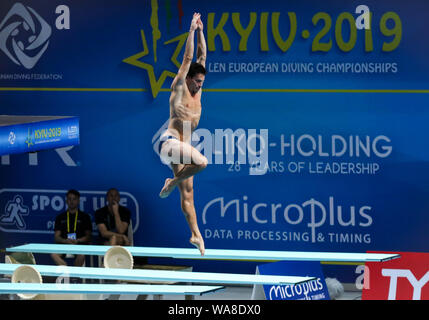 KYIV, UKRAINE - AUGUST 7, 2019: Patrick HAUSDING of Germany performs during Mens 1m Springboard Final of the 2019 European Diving Championship in Kyiv, Ukraine Stock Photo