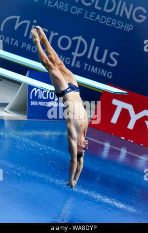 KYIV, UKRAINE - AUGUST 7, 2019: Patrick HAUSDING of Germany performs during Mens 1m Springboard Final of the 2019 European Diving Championship in Kyiv, Ukraine Stock Photo