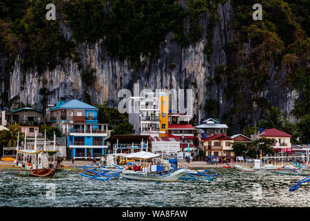 Colourful Banca Boats In El Nido Bay, El Nido, Palawan Island, The Philippines Stock Photo