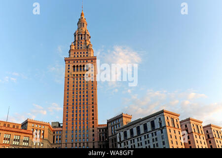 The Cleveland Ohio iconic landmark building, the Terminal Tower, glistens in the sunset over downtown Cleveland, Ohio, USA. Stock Photo