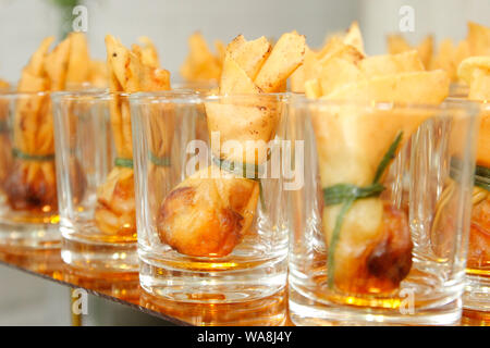 thai food toong tong , thai traditional appetisers in small glass on buffet line Stock Photo