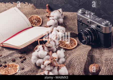 Dry cotton on the branch dry orange notepad and retro camera on the background. Stock Photo