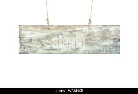 empty wooden signs hanging on a rope on white background. Stock Photo