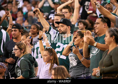 August 18, 2019, East Rutherford, New Jersey, USA: New York Jets' fans take  a selfie during