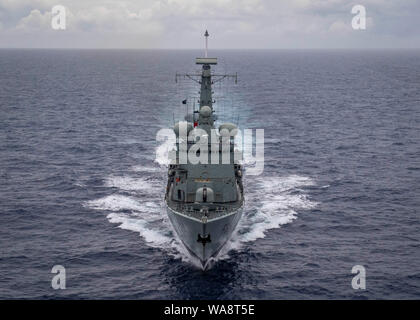 190816-N-UB406-0721  ATLANTIC OCEAN (Aug. 16, 2019) The Portuguese navy frigate NRP Francisco de Almeida (F334) transits the Atlantic Ocean. Francisco de Almeida is underway on a regularly-scheduled deployment as part of Standing NATO Maritime Group 1 to conduct maritime operations and provide a continuous maritime capability for NATO in the northern Atlantic. (U.S. Navy photo by Mass Communication Specialist 2nd Class Cameron Stoner) Stock Photo