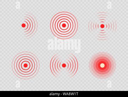 Set of red painful target spot. Pain circles. Sonar waves. Red rings of pain to indicate localization of ache. Vector illustration Stock Vector