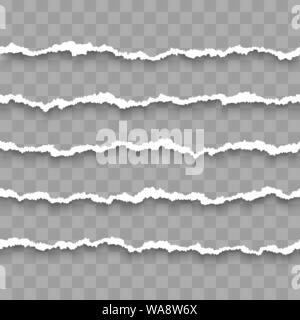 Set of horizontal seamless torn white paper with shadow. Damaged cardboard borders. Vector illustration isolated on transparent background Stock Vector