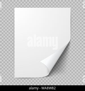 Curled sheet of paper. Empty blank of paper with twisted corner. Vector illustration isolated on transparent background Stock Vector