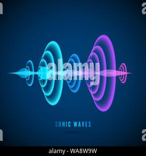 Color abstract digital sound wave. Sine wave on dark background. Radial sonar waves. Vector illustration Stock Vector