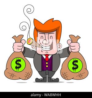 Happy Rich Man With Bags Of Money. A Billionaire Businessman Or The Banker Smiling. Success In Business. Flat Vector Illustration Stock Vector