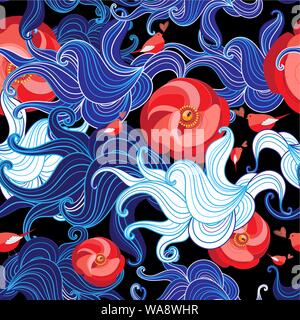 Seamless vector color floral pattern with birds in love. Floral design template for wallpaper or fabric. Stock Vector