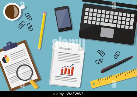 Flat lay business desktop. Vector illustration Stock Vector