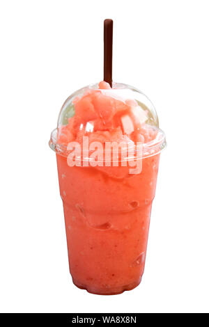 strawberry smoothie in plastic cup on white background Stock Photo