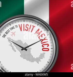 The Best Time to Visit Mexico. Travel to Mexico. Tourist Air Flight. Waving Flag Background and Dots Pattern Map on the Dial. Vector Illustration. Stock Vector