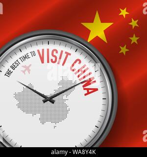 The Best Time to Visit China. Travel to China. Tourist Air Flight. Waving Flag Background and Dots Pattern Map on the Dial. Vector Illustration. Stock Vector