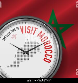 The Best Time to Visit Morocco. Travel to Morocco. Tourist Air Flight. Waving Flag Background and Dots Pattern Map on the Dial. Vector Illustration. Stock Vector