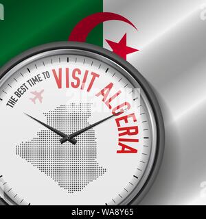 The Best Time to Visit Algeria. Travel to Algeria. Tourist Air Flight. Waving Flag Background and Dots Pattern Map on the Dial. Vector Illustration. Stock Vector