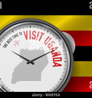 The Best Time to Visit Uganda. Travel to Uganda. Tourist Air Flight. Waving Flag Background and Dots Pattern Map on the Dial. Vector Illustration. Stock Vector