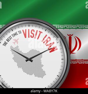 The Best Time to Visit Iran. Travel to Iran. Tourist Air Flight. Waving Flag Background and Dots Pattern Map on the Dial. Vector Illustration. Stock Vector