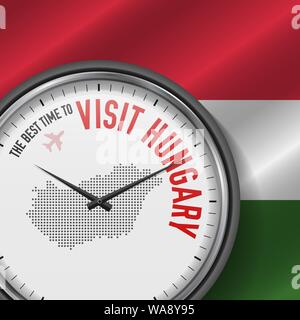 The Best Time to Visit Hungary. Travel to Hungary. Tourist Air Flight. Waving Flag Background and Dots Pattern Map on the Dial. Vector Illustration. Stock Vector