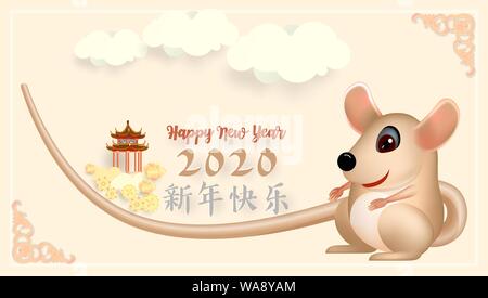 The Chinese new year 2020 greeting card with cute rat, zodiac sign, on light pink background. Vector illustration. Stock Vector