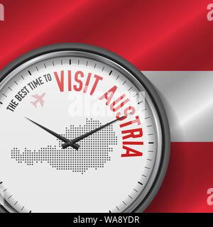 The Best Time to Visit Austria. Travel to Austria. Tourist Air Flight. Waving Flag Background and Dots Pattern Map on the Dial. Vector Illustration. Stock Vector