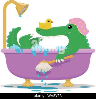 A cute green crocodile with a rubber duck on its nose reclines in a pink bathtub Stock Vector