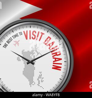 The Best Time to Visit Bahrain. Travel to Bahrain. Tourist Air Flight. Waving Flag Background and Dots Pattern Map on the Dial. Vector Illustration. Stock Vector