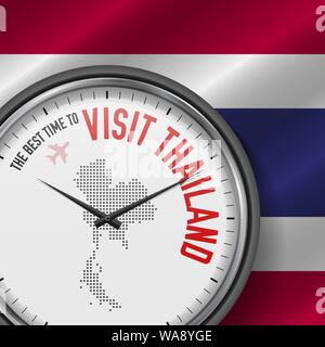 The Best Time to Visit Thailand. Travel to Thailand. Tourist Air Flight. Waving Flag Background and Dots Pattern Map on the Dial. Vector Illustration. Stock Vector