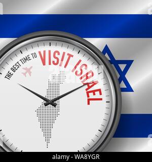 The Best Time to Visit Israel. Travel to Israel. Tourist Air Flight. Waving Flag Background and Dots Pattern Map on the Dial. Vector Illustration. Stock Vector