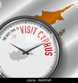 The Best Time to Visit Cyprus. Travel to Cyprus. Tourist Air Flight. Waving Flag Background and Dots Pattern Map on the Dial. Vector Illustration. Stock Vector